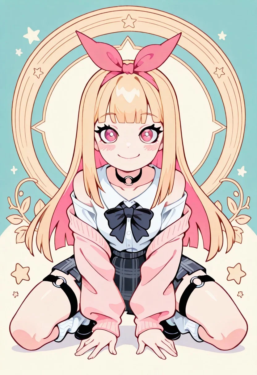1 girl , solo , blushing , closed mouth , bratty smile , eyelashes , cute , long straight hair , blunt bangs , winking , star , ribbon , hair ribbon ,
slim , slender ,
thigh strap, choker, o-ring choker, pink cardigan, bowtie, white shirt, shirt open, tucked in, plaid skirt, pleated skirt, bare shoulder, white socks, loose socks, black footwear,
full body view, kneeling, spread legs, leaning forward,
from front, front view, straight-on, look at viewer,
masterpiece, best quality ,amazing quality ,S4bit4mago_illu , Protoneon ,s0wasow4rt_illu, t1m3r