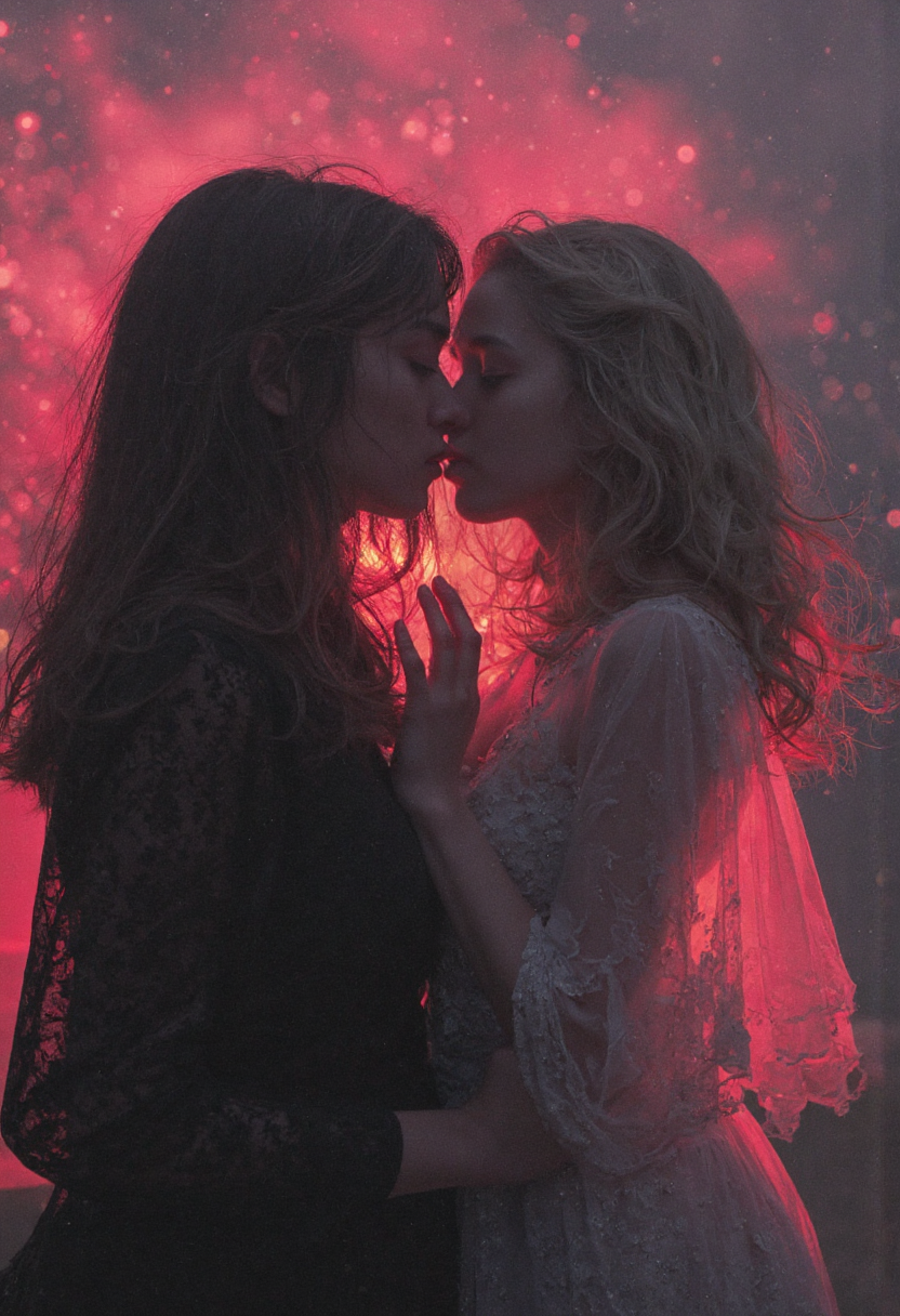Whispering static, hyper-realism, dutch angle, Blazing Sunset Red, Dusk Rose Pink, Charcoal Midnight Gray, dancing, surrealism, cracked light, chiaroscuro lighting