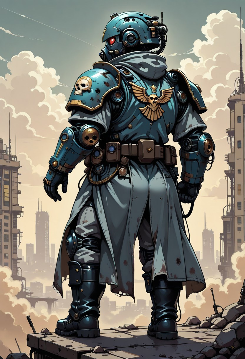 masterpiece, UHD, 8K, high res, high detailed, best quality, amazing quality,
1male, solo, krieg's soldier (warhammer 40k), helmet, gasmask, gray overcoat, black boots, gray pants, backback on back, stand on roof,
destroyed futuristic city on background, low clouds, grey clouds,
amazing background,
sepia,