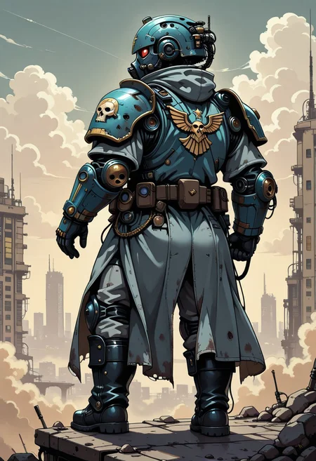 masterpiece, UHD, 8K, high res, high detailed, best quality, amazing quality,
1male, solo, krieg's soldier (warhammer 40k), helmet, gasmask, gray overcoat, black boots, gray pants, backback on back, stand on roof,
destroyed futuristic city on background, low clouds, grey clouds,
amazing background,
sepia,