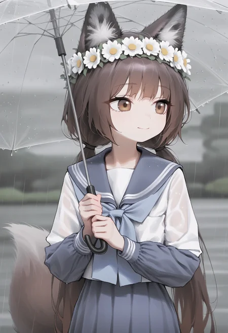 nikukyu,
1girl, solo, long hair, blush, smile, shirt, brown hair, long sleeves, holding, animal ears, closed mouth, twintails, brown eyes, tail, white shirt, upper body, flower, outdoors, serafuku, blue serafuku, sailor collar, blurry, animal ear fluff, looking to the side, fox ears, blurry background, depth of field, fox tail, low twintails, umbrella, white flower, fox girl, blue sailor collar, rain, holding umbrella, transparent, head wreath, flower wreath, transparent umbrella, very long hair
, masterpiece, best quality, good quality,
<lora:best_of_ai_styles_noob-vpred-1.0_v1.337-edm2-pass-long:1>