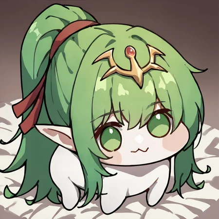 score_9, score_8_up, score_7_up, source_anime, mltikrnd, circlet, green hair, green eyes, hair ribbon, red ribbon, long hair, pointy ears, ponytail, doro, creature, chibi, :3
no humans, solid circle eyes, no pupils, white skin, <lora:tiki-adult-take3-pdxl:1>, <lora:Doro_X_PDXL_V1:1>