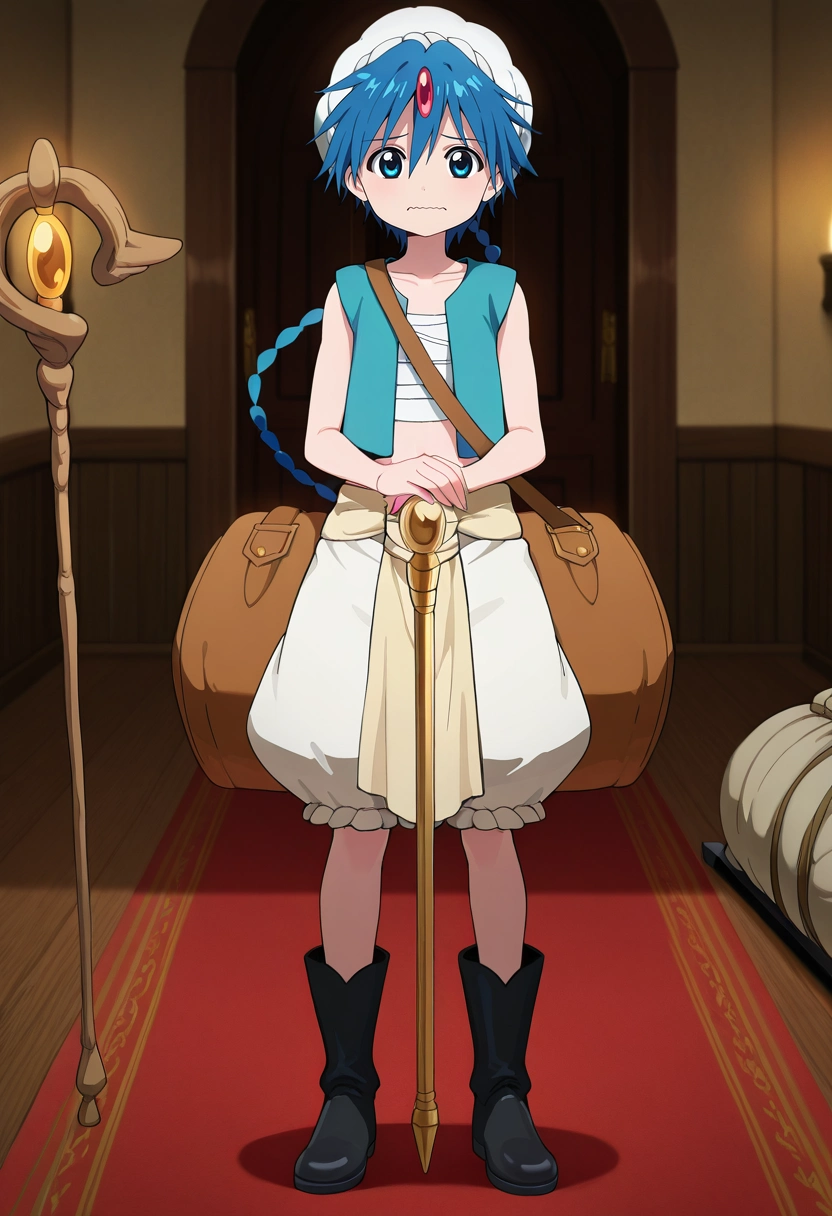 masterpiece, best quality, intricate details, anime screencap, , , looking at viewer, 1boy, solo, male focus, <lora:aladdin_magi_ilxl:0.96>, aladdin_magi, blue hair, blue eyes, long hair, braid, single braid, turban, , vest, , , staff, , straight-on, dock, indoors, light, own hands together, wavy mouth, closed mouth, Quilted shorts, Thermal shirt, Derby boots, , andTrolley Bag (with wheels)