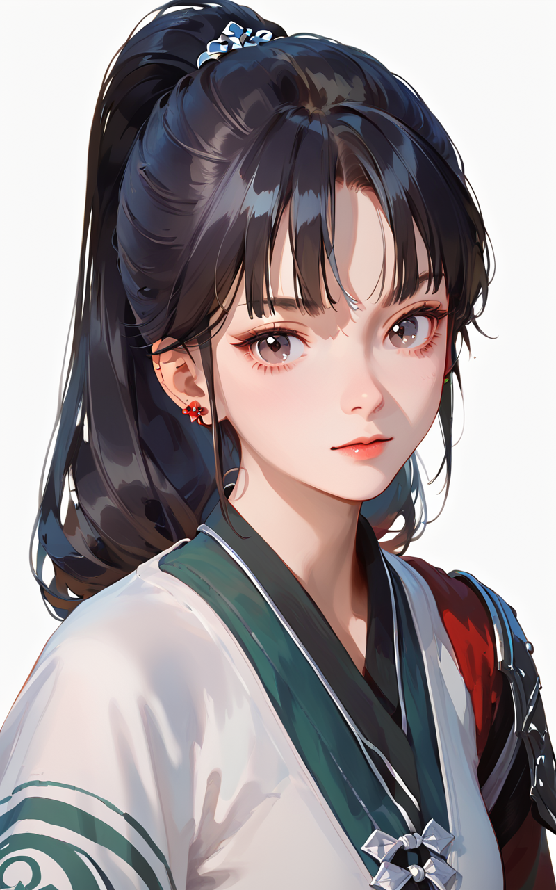 score_9,score_8_up,score_7_up,
<lora:ruanxiuPony-000002:1>,
<lora:v6:0.7>,
ruanxiu,1girl,solo,ponytail,black hair,jewelry,earrings,simple background,long hair,black eyes,looking at viewer,bangs,