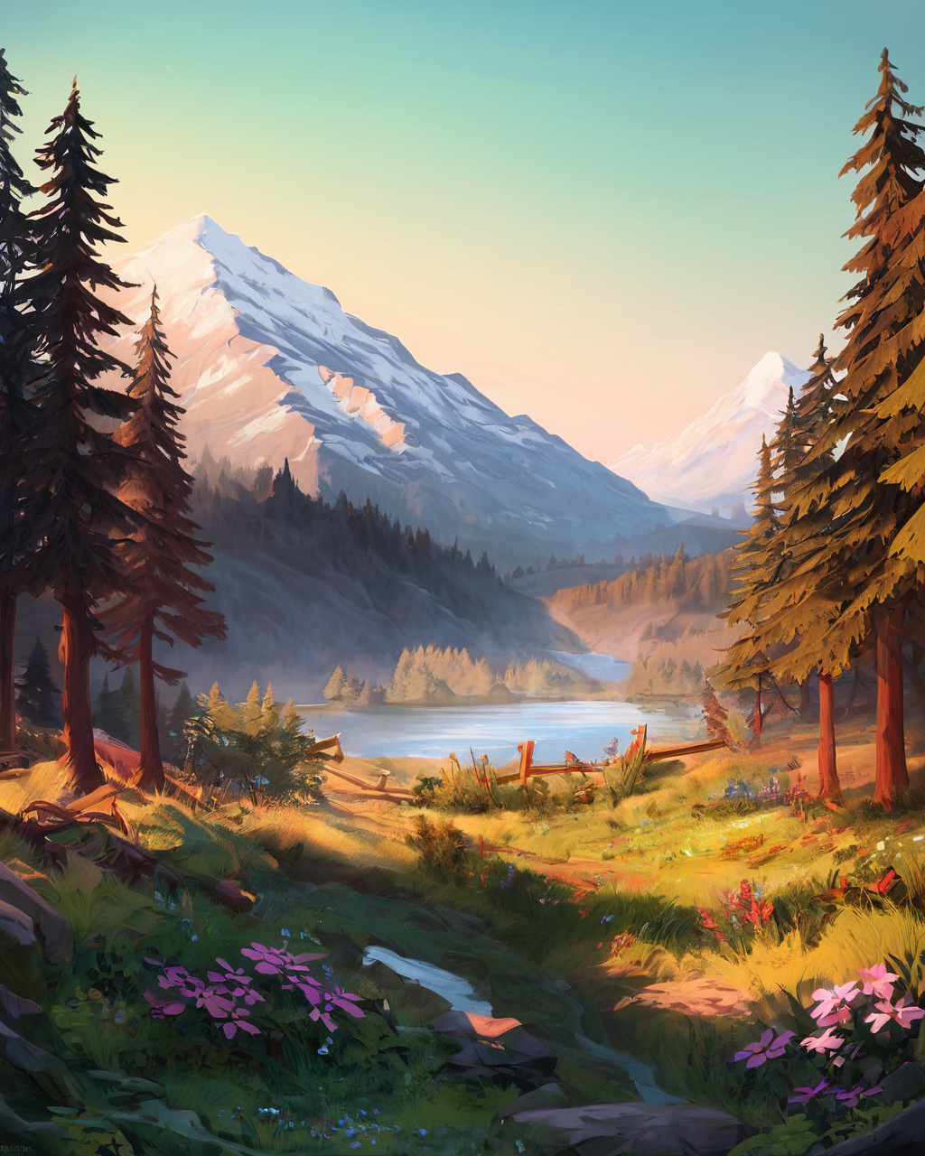 score_9, score_8_up, score_7_up, BREAK, flower, outdoors, mountain, day, cabin, river, trees, cornfield, no humans, owsstyle, <lora:OwSceneryStyle_v1:0.8>