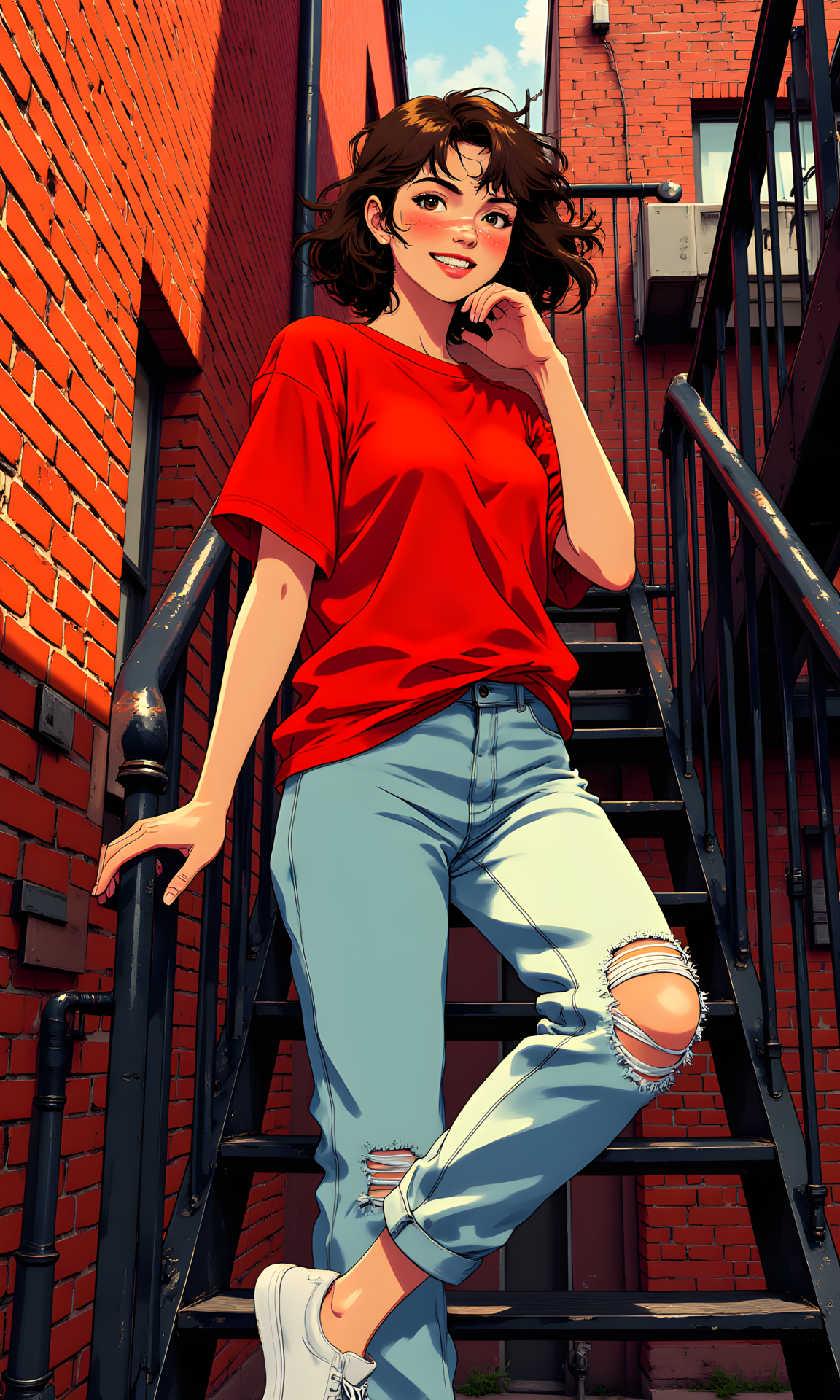 A woman standing on a staircase, leaning casually against the railing. She has short, wavy hair and is smiling warmly, exuding a sense of confidence and ease. Her pose is relaxed, with one hand resting on her neck and the other on the railing.
Her facial expression is bright and cheerful. She is smiling broadly, showing her teeth, which conveys a sense of happiness and friendliness. Her eyes are sparkling, adding to the overall positive and engaging mood of the image.
She is standing in a relaxed manner, with one leg slightly bent and the other straight. Her body is angled towards the camera, creating a dynamic and inviting pose. The way she leans against the railing adds a casual and approachable feel to the scene.
The woman is dressed in a casual yet stylish outfit. She is wearing a loose-fitting, red t-shirt that complements her skin tone and adds a pop of color to the image. Her jeans are light blue and have a ripped detail at the knee, giving them a trendy and edgy look. She completes her outfit with white sneakers, which add a touch of comfort and modernity.
The camera is positioned at eye level, capturing the woman from a frontal perspective. This angle allows for a direct and intimate view of her face and upper body. The framing is tight, focusing primarily on her and the immediate surroundings.
The lighting in the image is warm and soft, likely from natural light coming through a nearby window. The light highlights her features and the texture of her clothing, creating a cozy and inviting atmosphere. The shadows are gentle and subtle, adding depth and dimension to the image without overpowering the subject.
The background features a brick wall and a metal staircase, providing an urban and industrial setting. The red bricks and black metal create a contrast that enhances the colors of her outfit. The railing of the staircase adds a structural element to the composition, leading the viewer's eye through the image.
The composition is well-balanced and harmonious, with the woman centered in the frame. The lines of the staircase and the railing guide the viewer's eye across the image, drawing attention to her. The warm tones of her t-shirt and the cool tones of the background create a pleasing contrast, enhancing the overall visual impact. The overall effect is one of warmth and positivity, capturing a candid and stylish moment in an urban setting.
BREAK j_art, anime art, <lora:FLUX\RetroAnimeS1.1:0.1>, <lora:FLUX\GLSHS:0.1>, <lora:FLUX\Dieselpunk Delight - s0_9 g4:0.1>, <lora:FLUX\Anime Art V3:0.1>, <lora:FLUX\jul\J_Anime:1.0>