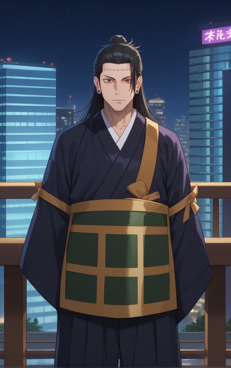 score_9, score_8_up, score_7_up, BREAK
MonkBlack_Kimono_SuguroGeto_ownwaifu,  
1boy, black eyes, black hair, hair over one eye, hair pulled back, long hair, scar on forehead, single hair bun, stud earrings, japanese clothes, ear piercing, black kimono, kesa, stitches, long sleeves, wide sleeves, bangs, piercing, hair bun, tabi, black pants, ponytail, scar, collarbone, robe, scar on face, silk, sleeves past fingers, 
(standing, arm_support), railing, cityscape, night, city, city lights, scenery, starry sky, vanishing point, outdoors,
<lora:PONYXL_JujutsuKaisen_SuguroGeto_ownwaifu:1> , depth of field, 
,