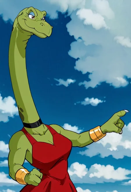 score_9, score_8 up, score_7, 8K, In'ei, traditional animation cel, perfect depth of field shot, beautiful, sharp focus, crisp details, 90s animation, masterclass animation, photographic realism, source_anime,
green female brontosaurus, red slip-dress, dark gray leggings/pantyhose, gold bracelets, black choker, brown eyes. feminine face, feminine eyes, eyeshadow, knowing smile, cute, gentle expression.
exterior, detailed anime sky with clouds, dynamic action, bent leg, nature, in the style of the cartoon Dinosaucers, 80s cartoon, punch, black linework with flat anime color, heroic pose, smiling, three toes per foot