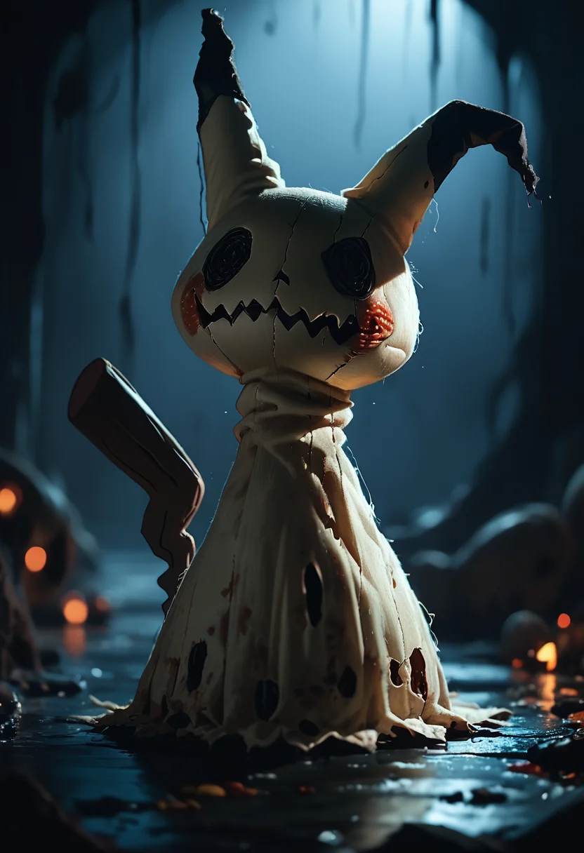 score_9, score_8_up, score_7_up, score_6_up, source_furry, solo, dof, full-length portrait, blurred background, <lora:POKEMON_MIMIKYU:1> mimikyu, pokemon (creature), dark shadows, spooky, horror background, cinematic,