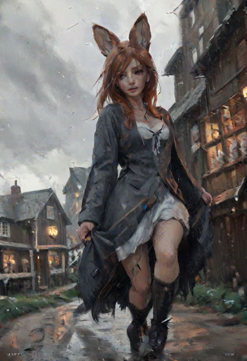 impressionist painting, WLOP_illustration_style, fantasy, medieval, wood, inn, muddy road, evening, overcast, (fisheye:2.5), from below, sky, dramatic clouds, dark, gray, (heavy raining:1.5), desaturated, painting, (rough brush strokes:1.25).
Redhead, woman (far in background:2), _fox ears_ (fox ears:2), Enigma_Kitsune, heavy clothes, cloak, dancing, laughing at sky, spinning, long hair