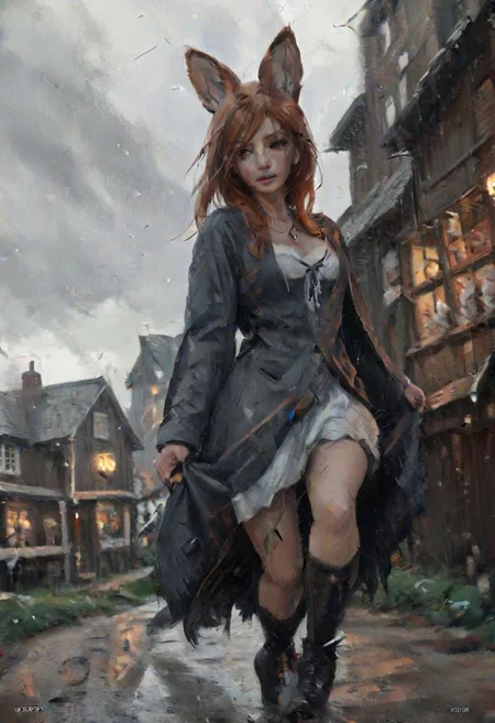 impressionist painting, WLOP_illustration_style, fantasy, medieval, wood, inn, muddy road, evening, overcast, (fisheye:2.5), from below, sky, dramatic clouds, dark, gray, (heavy raining:1.5), desaturated, painting, (rough brush strokes:1.25).
Redhead, woman (far in background:2), _fox ears_ (fox ears:2), Enigma_Kitsune, heavy clothes, cloak, dancing, laughing at sky, spinning, long hair