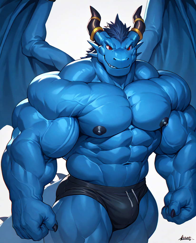 source_furry,score_9,score_8 up,score_7 up,score_6 up,male,anthro,furry,1boy,solo,blue_dragon,dragon,wings,horns,blue body,red eyes,muscles,muscular,bodybuilder,abs,pectorals,biceps,huge muscles,large muscles,hyper muscles,<lora:Blue_Dragon:0.9>,massive muscle,hyper muscular,<lora:Hyper_Mass:0.8>,