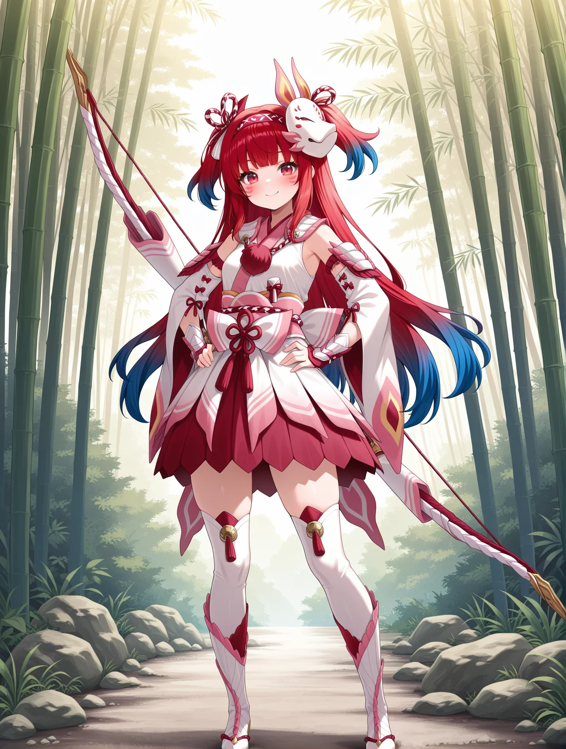 mizutsune gunner armor,1girl,solo,red hair,blue hair,white detached sleeves,bow \(weapon\),pink facial mark,smile,looking at viewer,red eyes,blush,standing,pink hairband,white kimono dress,pink sash bow,white vambraces,white thigh boots,full body,weapon on back,bamboo forest,hands on own hips,two side up,very long hair,multicolored hair,
masterpiece,best quality,amazing quality,very aesthetic,absurdres,newest,<lora:Mizutsune Armor Beta illuXL v1:0.7>,