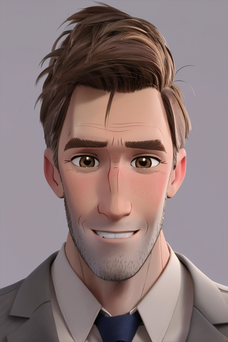 peterbparker, 1boy, solo, male focus, mature male, short hair, brown hair, brown eyes, thick eyebrows, facial hair, stubble, formal, collared shirt, grey suit, looking at viewer, smile, upper body, smile, blush, simple background <lora:Spider-Man (Peter B. Parker) v1.0 SDXL_LoRA_SDXL:0.85>