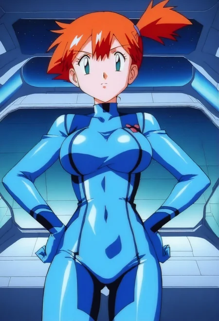 masterpiece, best quality,
anime screenshot, 1girl, solo, misty, side ponytail, hands on hips, cowboy shot, looking at viewer, zero suit, large breasts, spacecraft interior
<lora:mistynai-merge10:1>,, newest, absurdres, highres