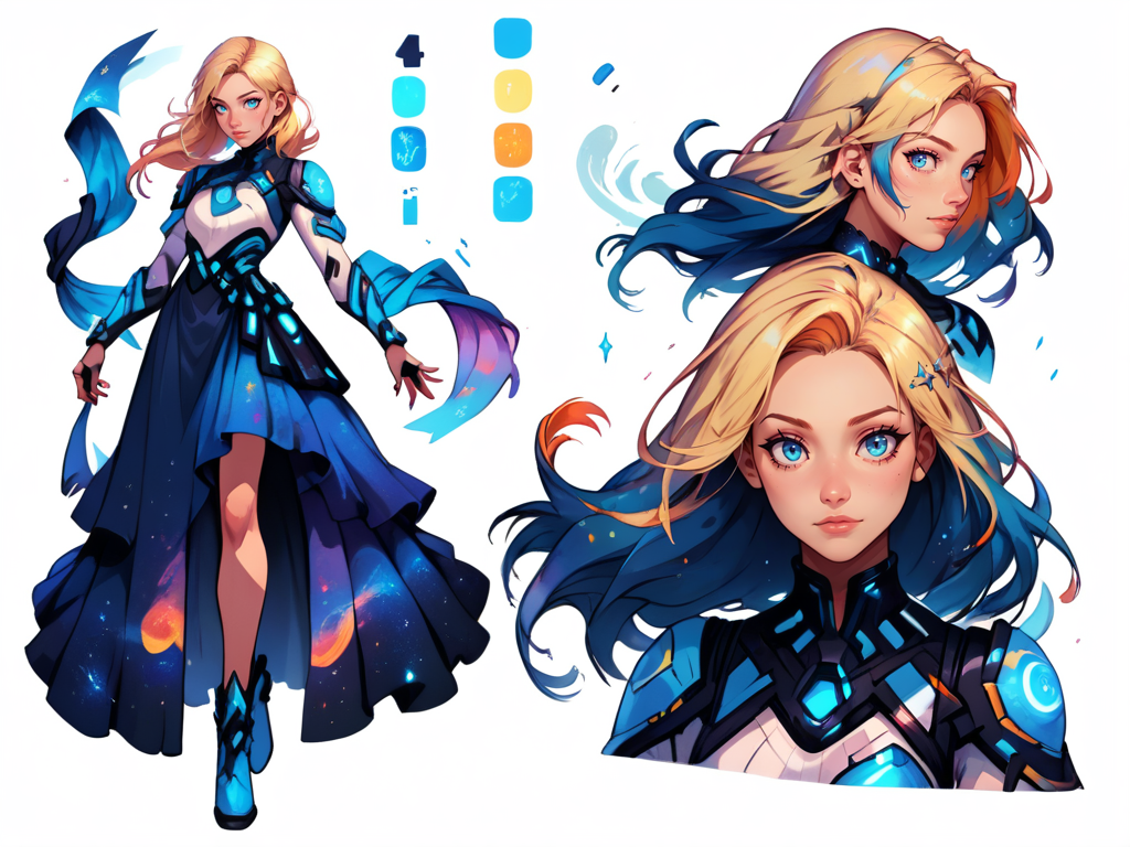 score_9, score_8_up, score_7_up, score_6_up, (CharacterSheet:1), galaxy girl, dress, skirt, floating hair, multicolored hair, science fiction clothes, blue eyes, blonde, simple white background, dynamic pose, sexy, reference sheet, (full body, from side, front:1.1), upper body, cartoon,
 CharacterDesignXL <lora:XLPCharacterDesign_Concept-10V2:0.8>