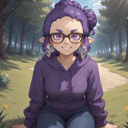 score_9, score_8, BREAK, solo, splatoon, inkling, female inkling, 1girl, tentacle hair, purple hair, single hair bun, purple eyes, glasses, cute, purple eyebrows, purple hoodie, purple jeans, barefoot, breasts, Jeanette_Romero_(\OC_Inkling\), sexy pose, self portrait, smile, outdoors, sunlight, shadows, evening lighting, natural lighting, forest, trees, grass, orange sky, sunset, sitting, feet, soles