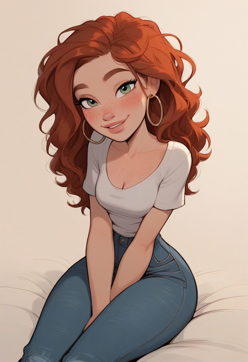 score_9, score_8_up, score_7_up, 1girl, 18years old, solo, bright red hair, 
 ((college girl)), (freckles, body freckles), light skin, hoop earrings, cleavage, small round breasts, white t-shirt, jeans, horny girl, perfect cute face, mdeium wavy hair, perfect sexy face, green eyes, thin hair, expressive innocent, pale skin, blush, expressive ditzy happy, petit, big round ass, ((summertime, dramatic lighting)),
