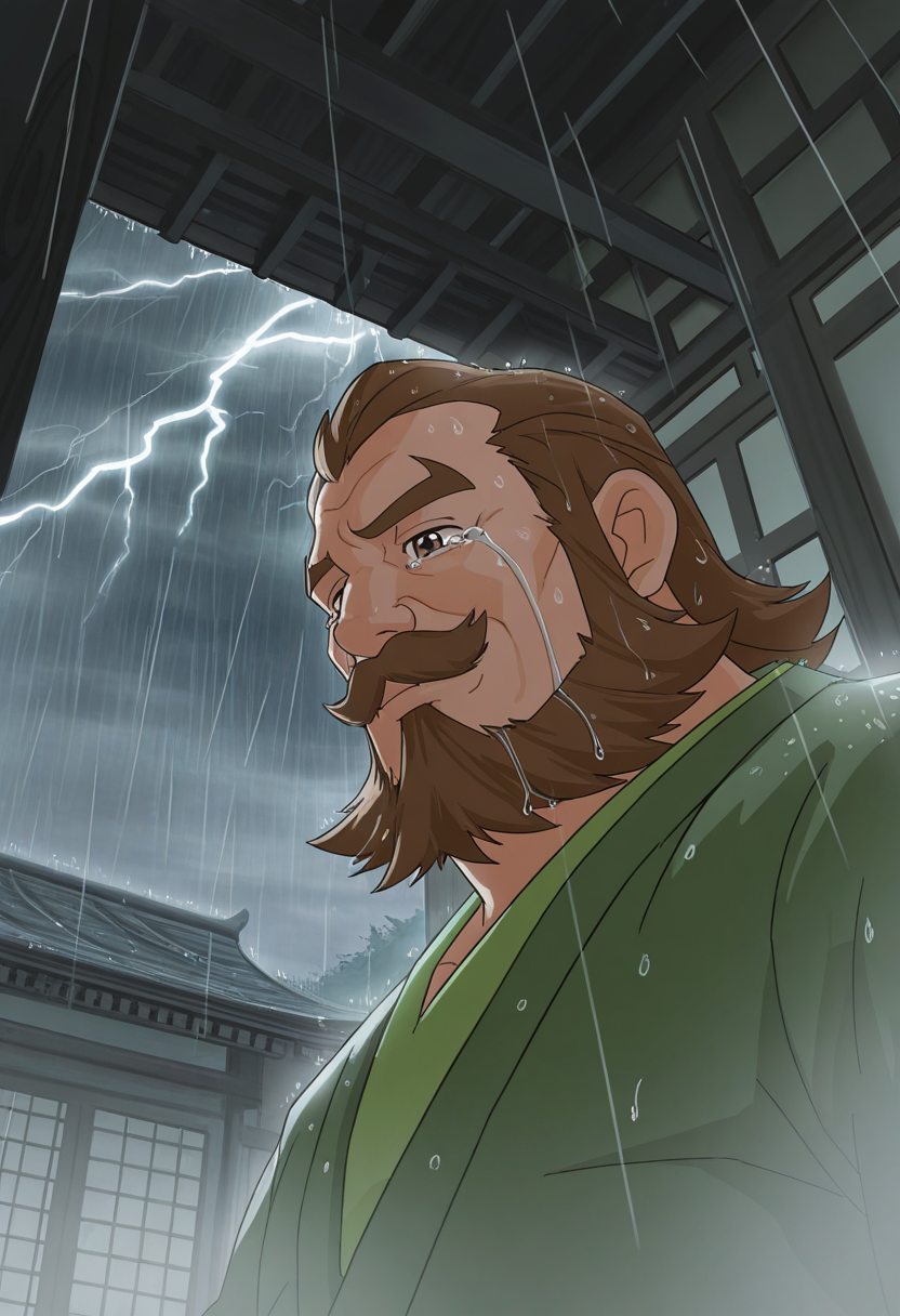 1boy, portrait, east asian architecture, smile, plump, rain, wet hair, streaming tears, heartbroken, sad, hallway, dutch angle, from below, sky, from side, crying with eyes open, fog, thunder, 
BREAK
<lora:Ximen_Hao_from_Shenbingxiaojiang_v1.0:1>
ximenhao, mature male, brown hair, brown eyes, thick mustache, beard, long sideburns, thick eyebrows,
BREAK
green shirt,
BREAK
very awa, masterpiece, best quality, absurdres, newest, perfect quality, detailed background, intricate details,