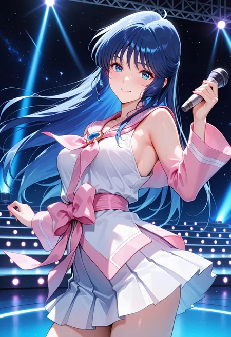 masterpiece, high quality, best quality, amazing quality, absurdres, very aesthetic, newest, HDR, high detail RAW color art, intricate details, hyper aesthetic, incredibly absurdres, BREAK, minmei, stage, smile, with a microphone, space,