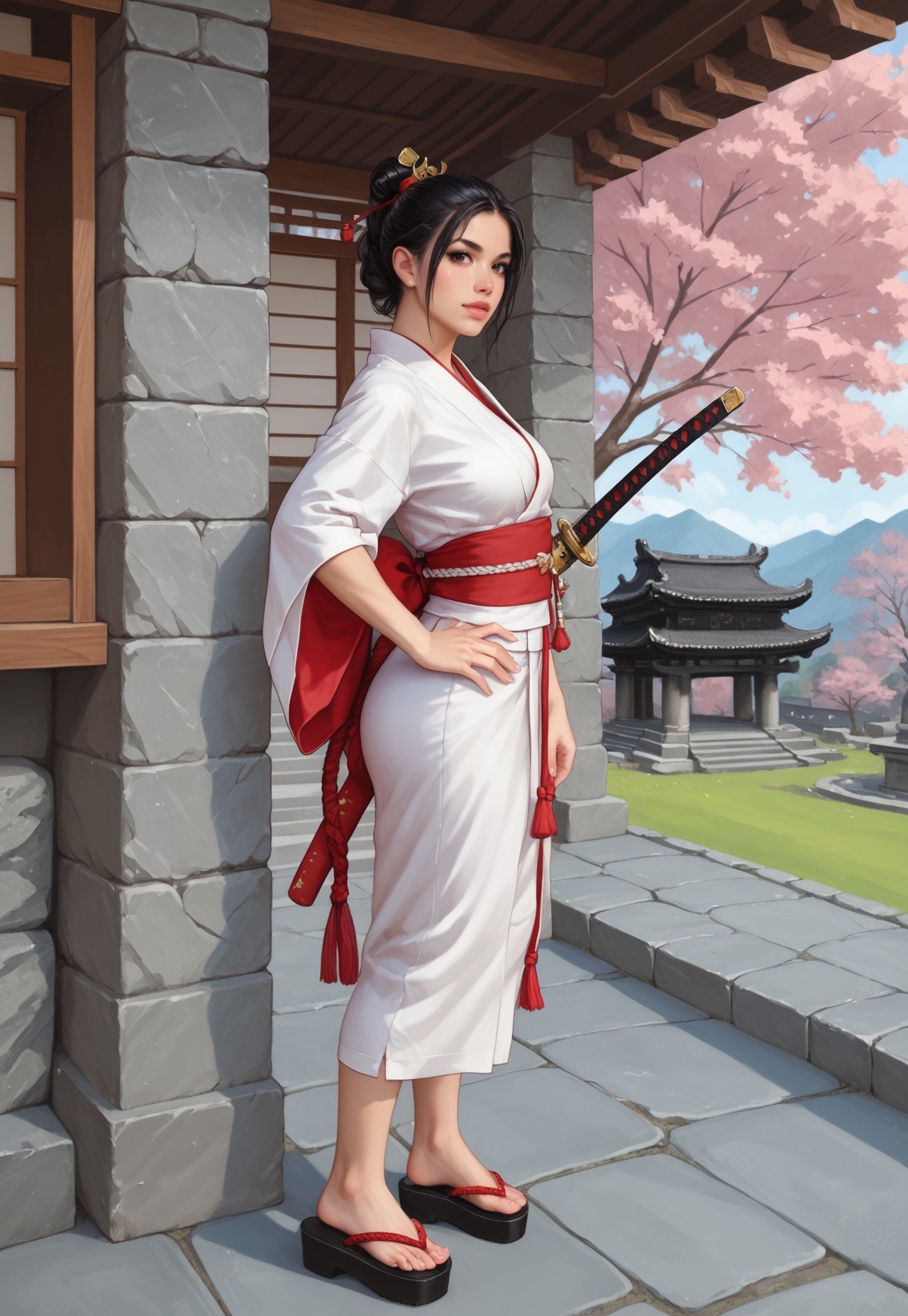 safe_pos, core_9, score_8_up, score_8, semi realistic, ultra detailed, 8k, high quality, hi res, high quality, detailed eyes, perfecteyes, detailed face, 1girl, sharp focus, cowboy-shot, focus on hip, (1girl:1.2), ninja assassin, stealthy outfit, (((katana))), pale skin, short straight black hair, realistic, cinematic angle, cinematic lighting, athletic body, focused face, dark eyes, stealthy pose
BREAK
infiltrating a feudal Japanese castle at night
BREAK
source_ninja_art, rating_explicit, expressive, full body, dynamic pose
BREAK
detailed beautiful background, traditional Japanese architecture, moonlit gardens, cherry blossom trees, ancient stone walls, serene ponds, mysterious shadows
(((full clothed)))