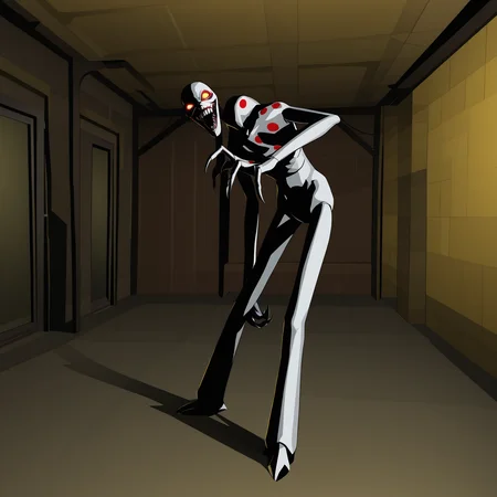 sfw, <lora:killer7_Artstyle_Illustrious:1>, killer7style, flat colors, polygonal, high contrast, monster, heaven smile, smile, yellow background, white skin, red dots on skin, glowing eyes, standing, hunchback, solo, male, room, factory, high walls, reaching towards viewer, boxy body, sharp fingers, sharp body, two legs, leaning to side, square teeth,