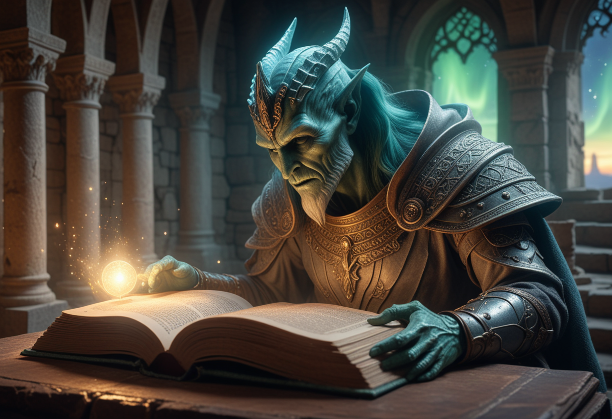 (medium full shot) of (medium shot ) of spectral guardian reading an ancient book, detailed face, located in a magical scene at a mystical castle during morning with magical aurora weather, illuminated by sparkling orbs, creating a adventurous atmosphere, Masterpiece,best quality, photo, realistic, very aesthetic,