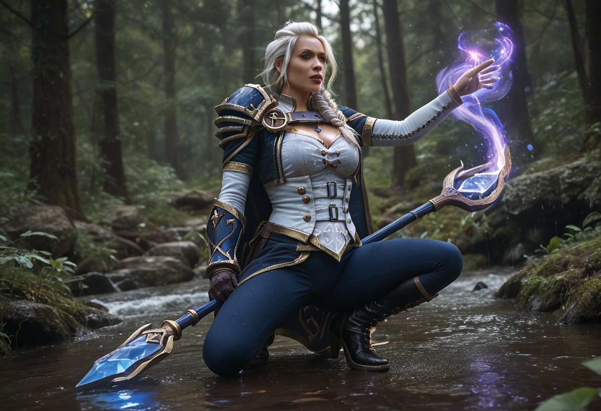 score_9_up, score_8_up, score_7_up, Noname, Cover photo shoot, Surreal, Photorealistic, ((In the forest, blue tones, Greek architecture)), Heavy rain, (Amazing unique pose), Jaina Proudmoore, 1 girl, Mature woman,
White hair, Blonde hair, Striped hair, Single braid, Blue eyes, Anchor necklace,
Single shoulder armor, Cape, Short jacket, Corset, Detached sleeves, Gloves, Blue pants, Single glove, Knee-high boots, Holding staff, Crouching, Casting magic, (Holding staff, purple magic formed at the front), Solo, Sweating, (Wet clothes: 1.5), perfect anatomy, intricate details,, masterpiece, award-winning photography, full body view, <lora:Magic_beam_Magic_PACK:1>, MAGBEAMB, hands forming purple magic, casting purple magic, bursting purple energy <lora:Eversong_Woods_-_World_of_Warcraft_Zones:0.9> World of Warcraft <lora:WarcraftStyle_v2:0.75> Warcraft style, <lora:Noname55_2.0:0.4>