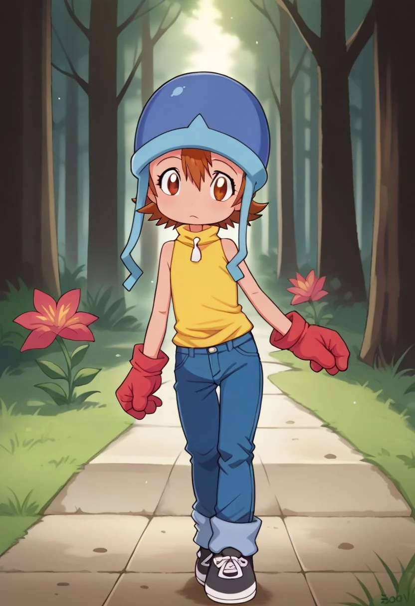 score_9, score_8_up, score_7_up, score_6_up, score_5_up, score_4_up, BREAK, source_cartoon, source_anime,
1girl, solo, <lora:Digimon:0.8> digimon, 1girl, solo, sora, brown hair, brown eyes, short hair, hair between eyes, blue helmet, hat straps, yellow turtleneck, sleeveless, white collar, jeans, black sneakers, red gloves, outdoors, ambient lighting, sunlight, colorful, vibrant, petite, skinny, looking at viewer, cute, flat chest,