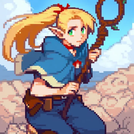 score_9, score_8_up, score_7_up, source_anime BREAK 
, solo, fegbaportraits, portrait, white dungeon meshi,background, 
marcille donato, marcille original outfit, 1girl, pointy ears, elf, long hair, sandals, choker, pouch, ponytail, hood, belt, pants, hooded capelet, blue capelet, belt pouch, living staff,
BREAK 
Landscape,blue sky, clouds,
