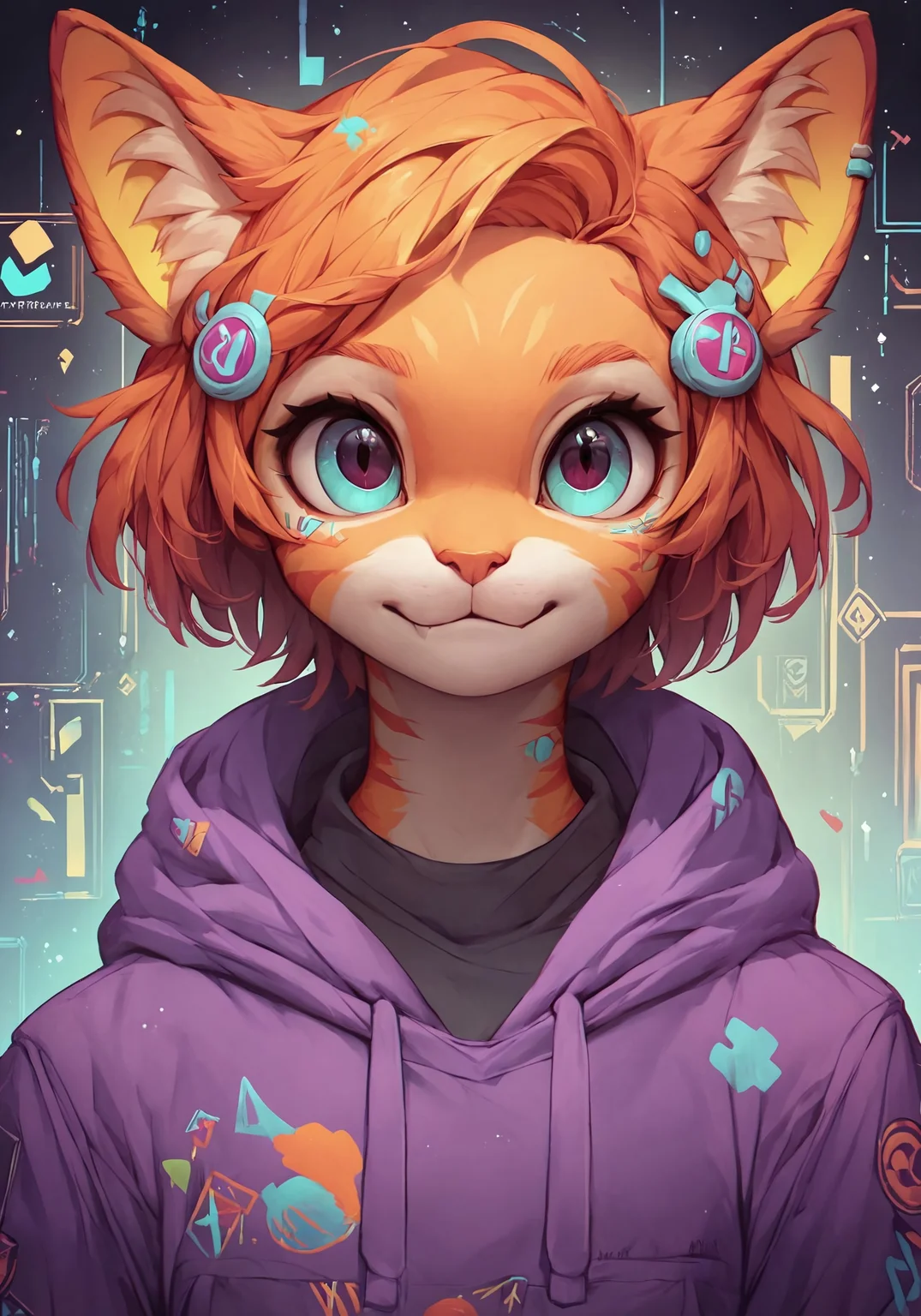 score_9, score_8_up, score_7_up, score_6_up, score_5_up, score_4_up, futuristic art, cat wearing a purple hoodie, orange tabby cat, solo, pathtracing, c0l0urc0r3, cute, bright colours