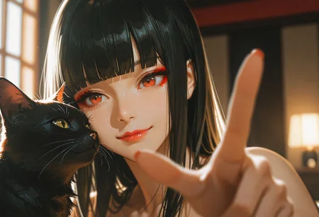 masterpiece, ultra-HD, cinematic lighting, photorealistic, impressionism (1.5), high detail, depth of field, (blurred background), (dramatic lighting),masterpiece, best quality, usnr,very aesthetic,8k,half close-up, sexy pose, long black hair, straight hair,blunt bangs, red eye makeup, asian girl, small head, pretty girl, korean girl,
((slim body)), closeup,smiling, outstretched arm, finger touching cat, black cat