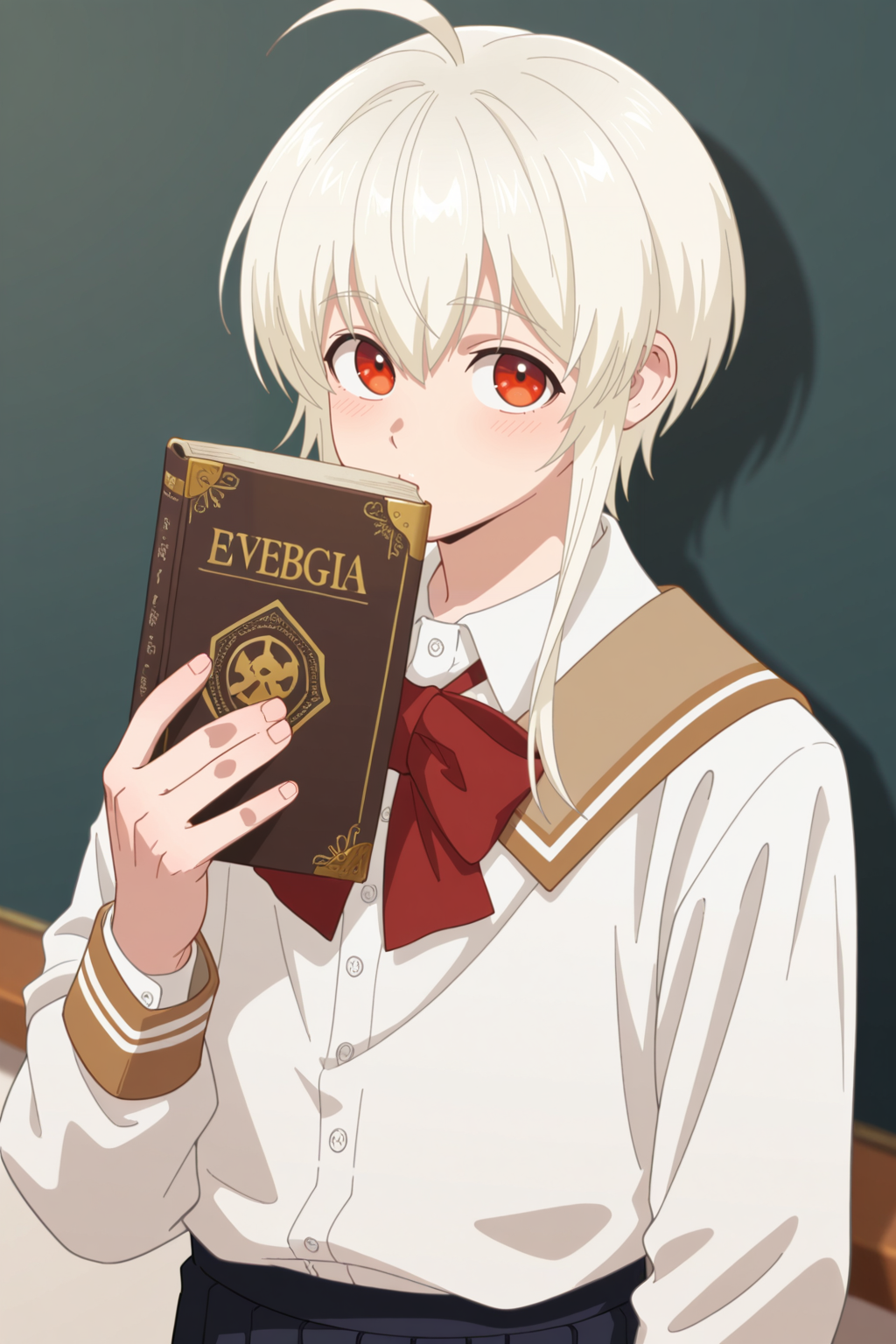 <lora:RIDKEW-IL:0.9>, evelogia, white hair, red eyes, ahoge,1boy,solo,looking at viewer,school uniform,holding book,bara,male focus,very awa,masterpiece,best quality,amazing quality,nsfw,uncersored,highres,best quality,amazing quality,best aesthetic,absurdres,