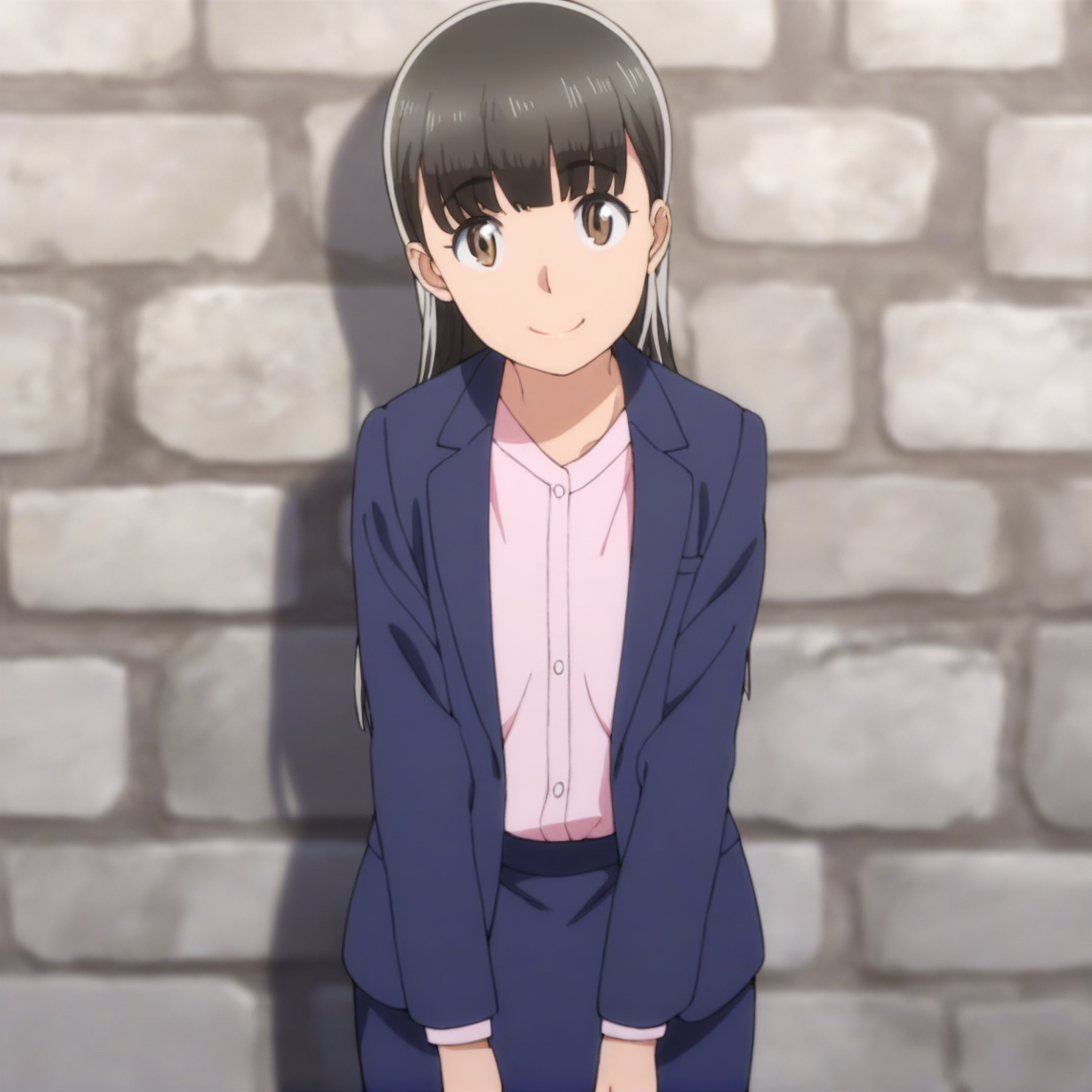 masterpiece, best quality, score_9,
 <lora:Hitomi_hinamatsuri_v11:1>, hitomi_il, 1girl, solo, brown_hair, bangs, hair_between_eyes, brown_eyes, long_hair, blue_suit, blue_skirt, pink_shirt, open_suit, cowboy shot, white stone wall, blurry background, clean background, looking at viewer, smile