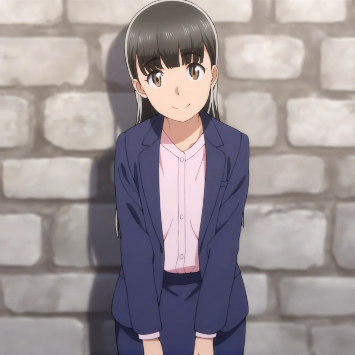 masterpiece, best quality, score_9,
 <lora:Hitomi_hinamatsuri_v11:1>, hitomi_il, 1girl, solo, brown_hair, bangs, hair_between_eyes, brown_eyes, long_hair, blue_suit, blue_skirt, pink_shirt, open_suit, cowboy shot, white stone wall, blurry background, clean background, looking at viewer, smile