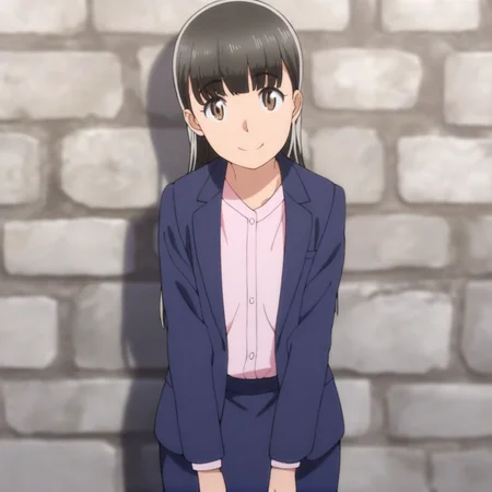 masterpiece, best quality, score_9,
<lora:Hitomi_hinamatsuri_v11:1>, hitomi_il, 1girl, solo, brown_hair, bangs, hair_between_eyes, brown_eyes, long_hair, blue_suit, blue_skirt, pink_shirt, open_suit, cowboy shot, white stone wall, blurry background, clean background, looking at viewer, smile