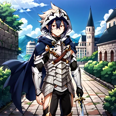 masterpiece, best quality, sharp aliasing, highly detailed, Quality, High Definition, <lora:EPfeCorrinPony:1>EPfeCorrin, blue cape, armour, black gloves, black pants, wearing pants, outdoors, day, stone ground, tree, bush, buildings, barefoot, toeless legwear, armoured legwear, stirrup legwear, 5 toes <lora:Amajiki_Tamaki__Pony:1>Tamaki Amajiki, pointy ears, red eyes, dark blue hair, hair between eyes, hood, mask, male, male body, sword, standing <lora:feet_anime_pony_v2:1>feet, dark blue toenails