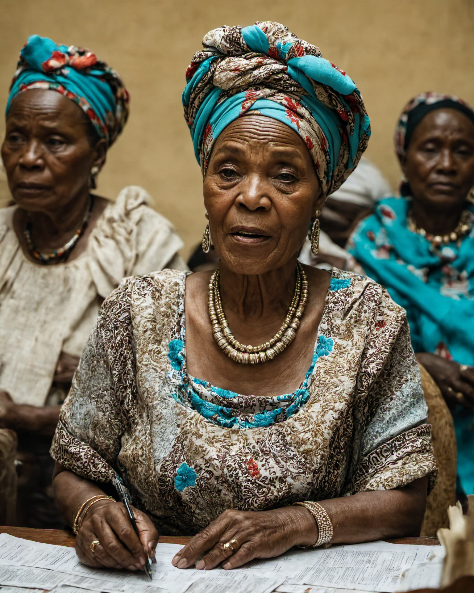 photo <lora:stylesqueeze_v3_xl:1> of a congolese mature woman, wrinkles, aged, necklace, crowded room with stack of papers and desk in a government office, third world country, closeup, neutral colors, embroidered linen headwrap, hdr, low contrast