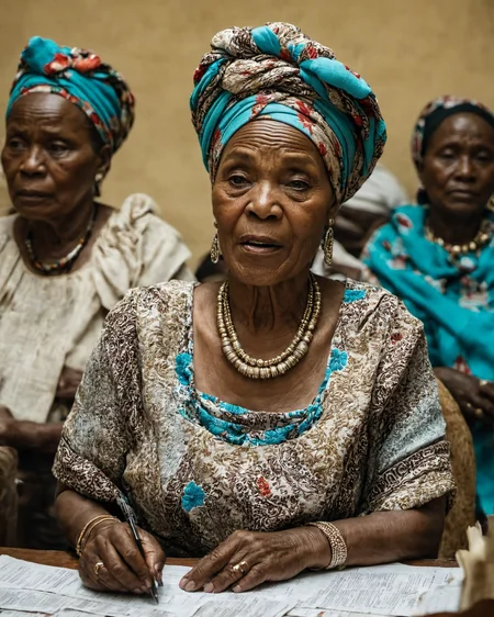photo <lora:stylesqueeze_v3_xl:1> of a congolese mature woman, wrinkles, aged, necklace, crowded room with stack of papers and desk in a government office, third world country, closeup, neutral colors, embroidered linen headwrap, hdr, low contrast