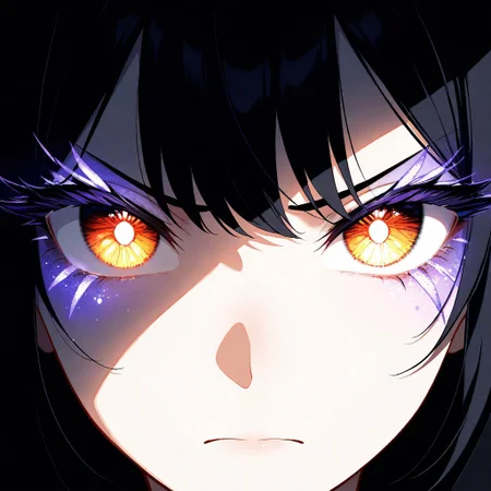 masterpiece, best quality, good quality, very aesthetic, absurdres, newest, 1girl, eye focus, ((black pupil dilated, round pupils, anger, white iris)) Makeup, long eyelashes, black hair, a tear rolls down, dried autumn leaves cover half face, bright eyes, (a home on fire reflected onto a black pupil), looking at viewer, Close-Up, (straight on:1.2), Perfect face, half-face