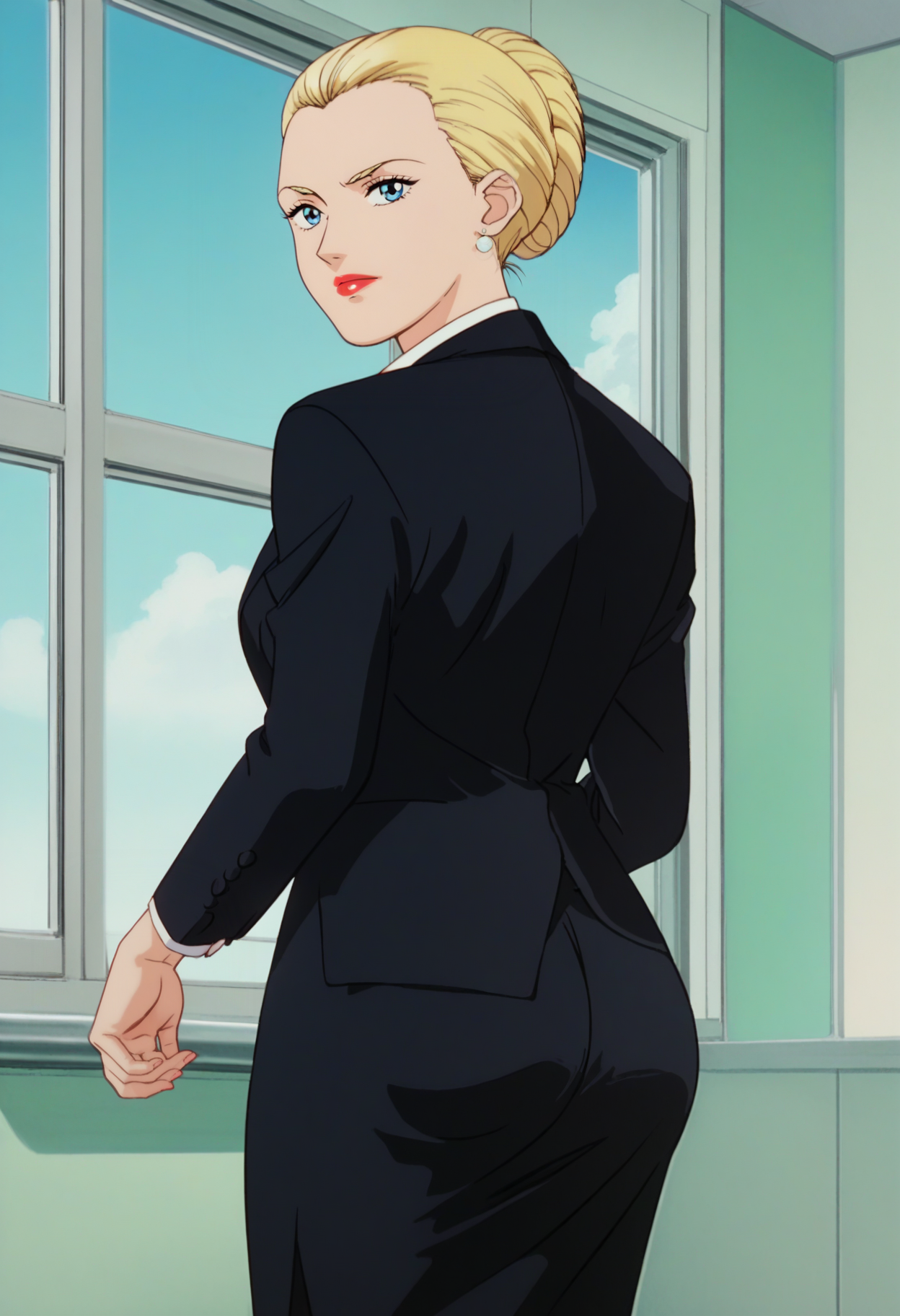 score_9, score_8_up, score_7_up, score_6_up, anime screencap, anime coloring, <lora:G0080_epoch_10:0.9>, G0080P, 1girl, solo, blonde hair, single hair bun, blue eyes, lipstick, earrings,
suit, black jacket, collared shirt, white shirt, red necktie, black skirt, pencil skirt,
looking at viewer, ass, ass focus, looking back, 
BREAK indoors, window, blue sky, sky, sunbeam,