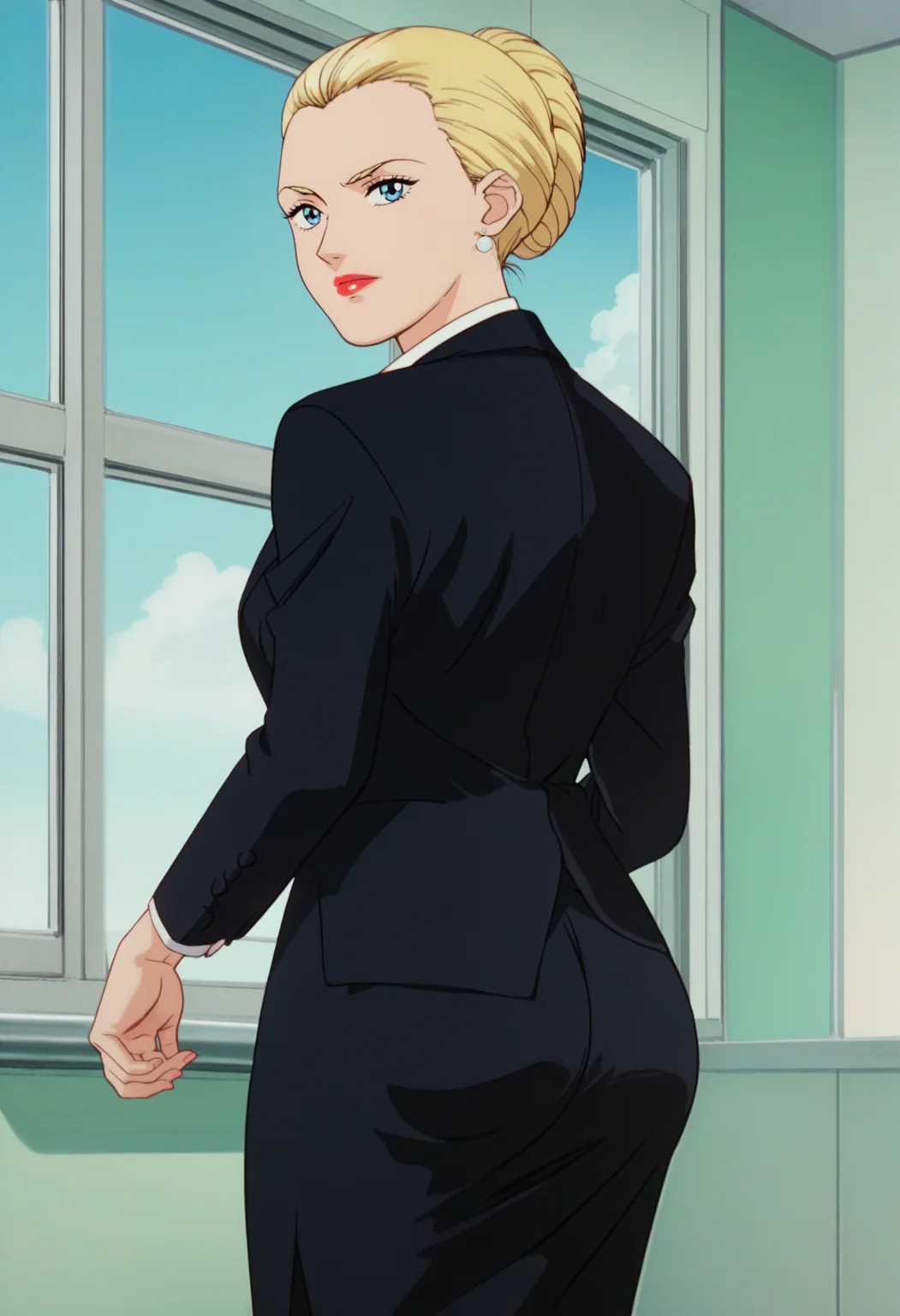 score_9, score_8_up, score_7_up, score_6_up, anime screencap, anime coloring, <lora:G0080_epoch_10:0.9>, G0080P, 1girl, solo, blonde hair, single hair bun, blue eyes, lipstick, earrings,
suit, black jacket, collared shirt, white shirt, red necktie, black skirt, pencil skirt,
looking at viewer, ass, ass focus, looking back, 
BREAK indoors, window, blue sky, sky, sunbeam,