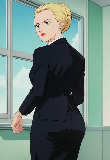 score_9, score_8_up, score_7_up, score_6_up, anime screencap, anime coloring, <lora:G0080_epoch_10:0.9>, G0080P, 1girl, solo, blonde hair, single hair bun, blue eyes, lipstick, earrings,
suit, black jacket, collared shirt, white shirt, red necktie, black skirt, pencil skirt,
looking at viewer, ass, ass focus, looking back, 
BREAK indoors, window, blue sky, sky, sunbeam,