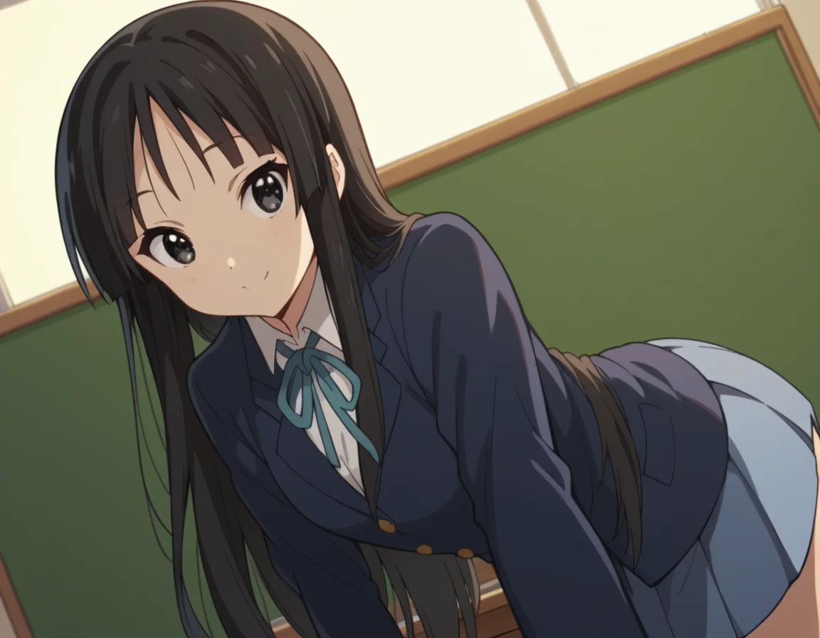 score_9, score_8_up, score_7_up, source_anime,
mioakiyama, <lora:mio-akiyama-s2-ponyxl-lora-nochekaiser:1>,
mio akiyama, long hair, bangs, black hair, black eyes, hime cut,
sakuragaoka high school uniform, school uniform, uniform, blazer, shirt, white shirt, collared shirt, skirt, pleated skirt,
indoors, classroom, bent over, smile,
looking at viewer, cowboy shot, dutch angle, solo,