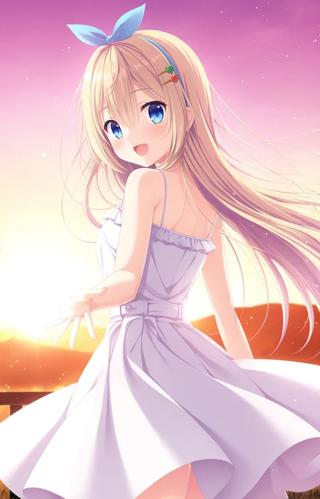 realistic, (high_resolusion, (8K:1.5),incredibly_absurdres,masterpiece, best quality, highres, newest, scenery, 1girl, solo, official style,best perspective,depth of field, very_aesthetic, best_quality ,high_resolusion, 8K,crisp quality, ultra detailed,perfect anatomy,anime screencap,EasyNegativeV2, <lora:Sagisawa_Arisu_Test:1>,1girl,Arisu, Uniform Arisu, very long hair, blue eyes, bangs, hair between eyes, hairclip, heart hairclip, blue_hairband, hair ornament,blonde hair,
1girl, closed eyes, solo, long hair, dress, open mouth, smile, sky, cloud, sunset, ^_^, white dress, sleeveless dress, sleeveless, sundress, backlighting, :d, sunlight,happy, outdoors, light blush,, outstretched hand, from behind, looking back,looking at viewer,, laughing, depth of field, floating hair, light particles,, lens flare,bare shoulders,