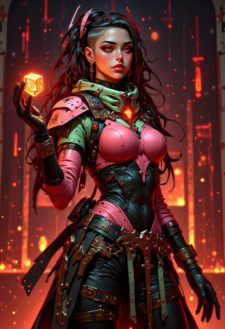 mad-arcnsmbls, mythp0rt, A striking portrait of a futuristic and elegant woman, standing confidently, looking at the viewer. Her outfit is a form-fitting bodysuit with a dual-toned design: pink and sage green. The fabric is smooth and detailed, hugging her figure while exuding both elegance and a touch avantgardepunk. Wearing long gloves, emphasizing her poised and composed stance. She has an undercut hairstyle with one side shaved revealing intricate geometric patterned implants. She wears an elaborate, angular headpiece that fans out like a futuristic crown, made of thin metallic rods. Her makeup a dramatic goth look with dark eyeliner, with black lipstick. Adding a mythpunk flair, her hand gracefully raised casting a spell, glowing, golden dice float effortlessly in the air of varying sizes. The dice have intricate runic engravings that catch the light, giving them a mystical and futuristic feel. The smoky, glowing background of warm reds and oranges is rich with smoky textures and glowing, diffused light, enhancing the warm tones of the scene and creating a dramatic atmosphere.