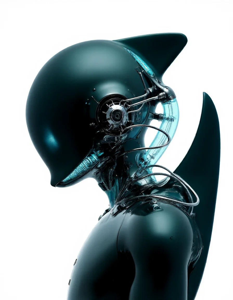 4byss,Create a close-up portrait of a sleek, aquatic humanoid inspired by a shark, shown in side profile with a streamlined, synthetic body. The figure has smooth, metallic skin in hues of gunmetal and dark teal, with translucent gill slits along the neck that softly pulse with bioluminescent blue. A subtle dorsal fin rises from the back of the head, integrating seamlessly with sleek mechanical components. Fine cables run along the spine, intertwined with faint glowing accents. The creature’s smooth, angular features contrast sharply against a bright white background, highlighting the futuristic, streamlined design.