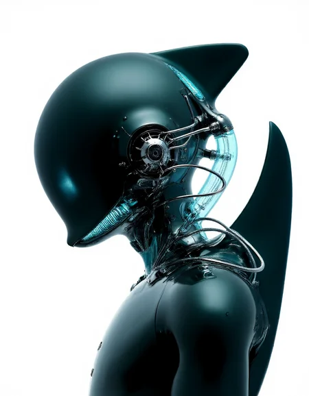 4byss,Create a close-up portrait of a sleek, aquatic humanoid inspired by a shark, shown in side profile with a streamlined, synthetic body. The figure has smooth, metallic skin in hues of gunmetal and dark teal, with translucent gill slits along the neck that softly pulse with bioluminescent blue. A subtle dorsal fin rises from the back of the head, integrating seamlessly with sleek mechanical components. Fine cables run along the spine, intertwined with faint glowing accents. The creature’s smooth, angular features contrast sharply against a bright white background, highlighting the futuristic, streamlined design.