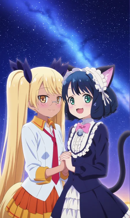 masterpiece, best quality, beautiful eyes, zzzzRetoree, zzCyanHijirikawa, multiple girls, cat girl, 2girls, looking at viewer, animal ears, aqua eyes, tail, glasses, face-to-face, cat ears, striped clothes, green eyes, cat tail, blonde hair, necktie, upper body, holding hands, long hair, twintails, green eyes, smile, star \(sky\), skirt, open mouth, sky, starry sky, dog tail, interlocked fingers, very long hair, bow, yuri, night, yellow eyes, looking at viewer, night sky, dress, red necktie, ribbon, bowtie, blue hair, blush, shirt, black hair ribbon, black hair, frills, zettai ryouiki, fashion, hair ornament, pleated skirt, closed mouth, :3, :d, long sleeves,