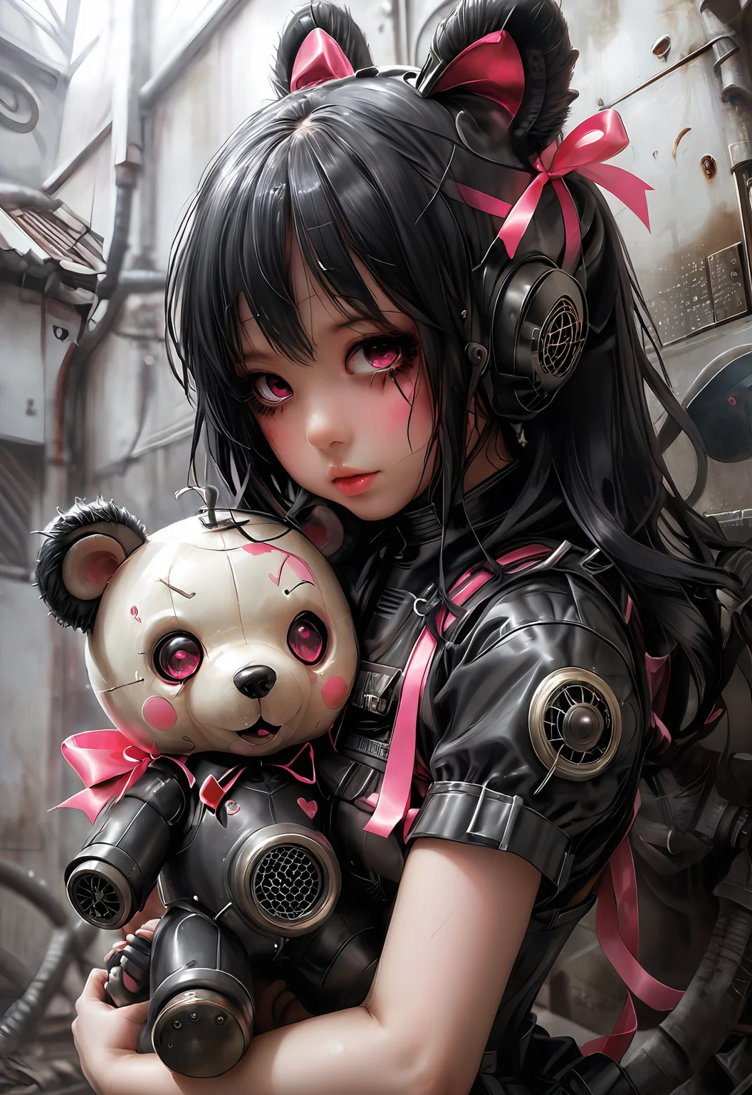 Darkness, horror, creepy, disease, mine - type, mass - produced type, gas mask, cross, ribbon, heart, slanted eyes, twintails, thick coating, black hair, pink eyes, hugging a teddy bear, art by hajime sorayama, <lora:Dystopia:0.8>